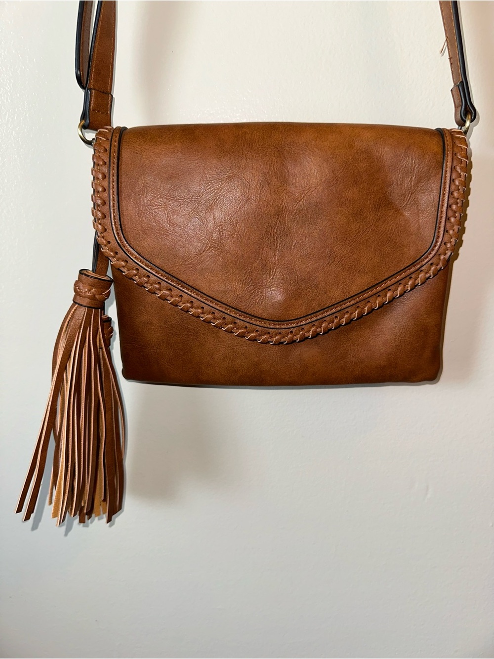 Braided Flap Tassel Crossbody Bag in Cognac Brown
